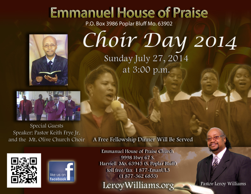 Promo Flyer for Emmanuel House of Praise Choir Day 2014, guest speaker pastor Keith Frye Jr of Mt. Olive M.B. Church w/ Mt Olive Choir and Men's Chorus, pastor leroy williams