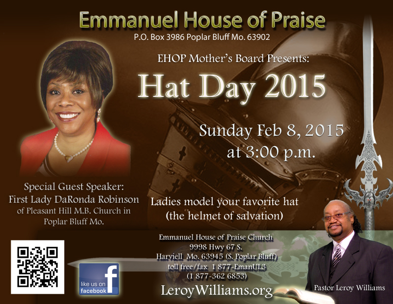 Flyer for Hat Day 2015, Guest Speaker First Lady DaRonda Robinson, Emmanuel House of Praise Church Pastor Leroy Williams