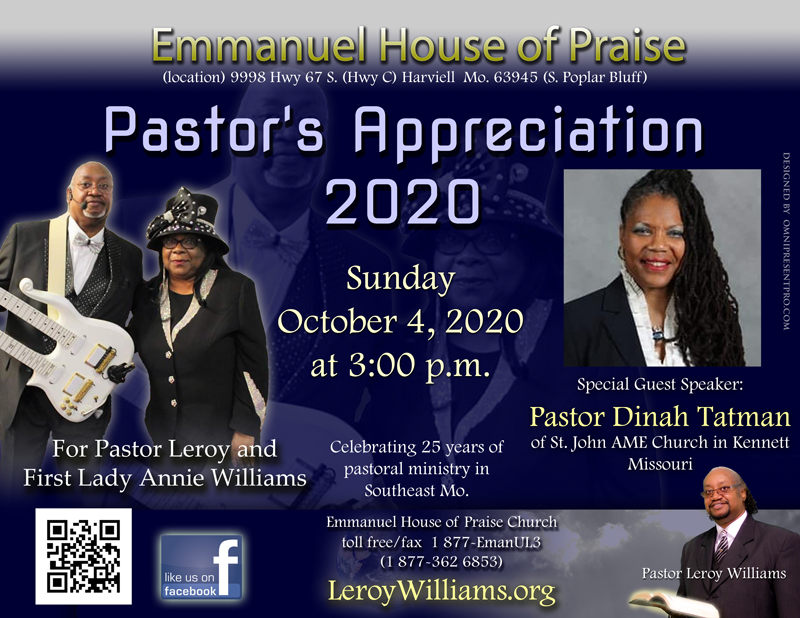 Pastor's Appreciation 2020 flyer for Emmanuel House of Praise Church Pastor Leroy Williams First Lady Annie Williams guest speaker Pastor Dinah Tatman of St John AME Church Kennett Missouri